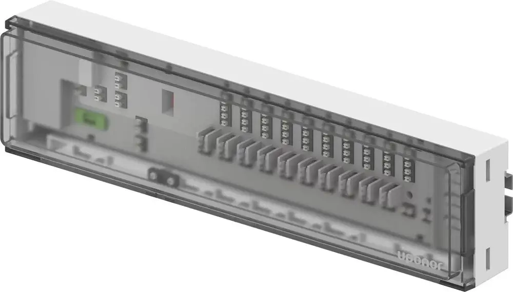Uponor Regelgerät in transparenter Box mit mehreren Anschlüssen für Heiz- und Kühlfunktionen, platziert auf einer neutralen Fläche.